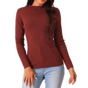 Fall Winter Long Sleeve Ribbed Knit Slim Fit Pullover Sweater Top Wine Red